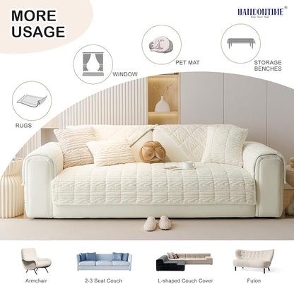 HANDONTIME Couch Cover for Dogs Washable, Fuzzy Sofa Cover for Pets Geometric Jacquard Non-Slip Couch Protector for Dogs Pet-Friendly Sectional Cushion Covers Pet Furniture Cover (Beige,35.4" x 82.7")