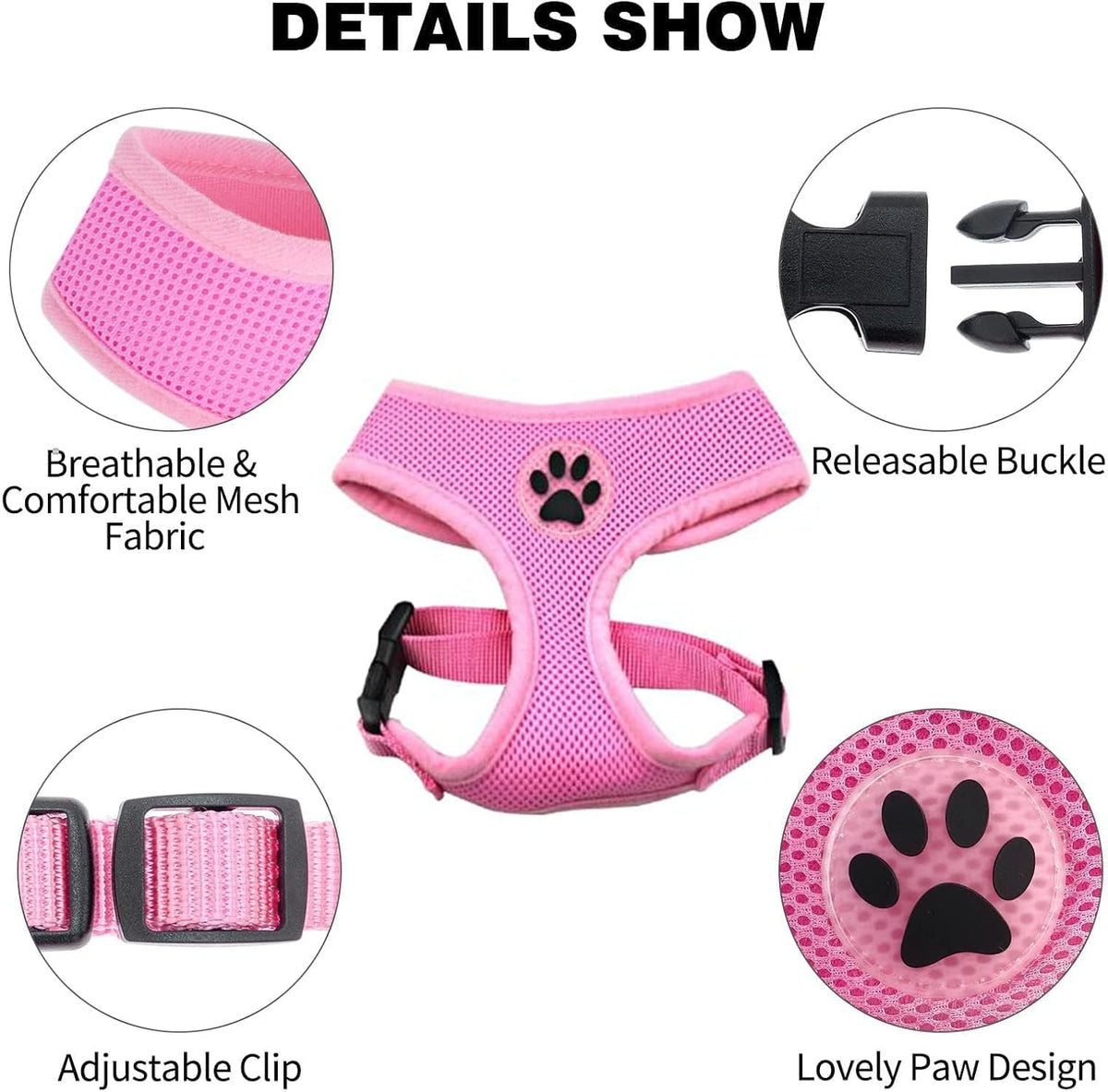 BINGPET No Pull Dog Harness Medium Sized,Breathable Mesh Puppy Cat Harnesses,Pink, M