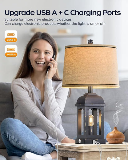 QiMH Table Lamp for Living Room, Farmhouse Lamps with USB A+C and Nightlight, 26" Rustic Bedside Lamps with 3-Way Dimmable Touch Control, Nightstand Lamp for Bedroom, Shabby Grey, 1 Pack