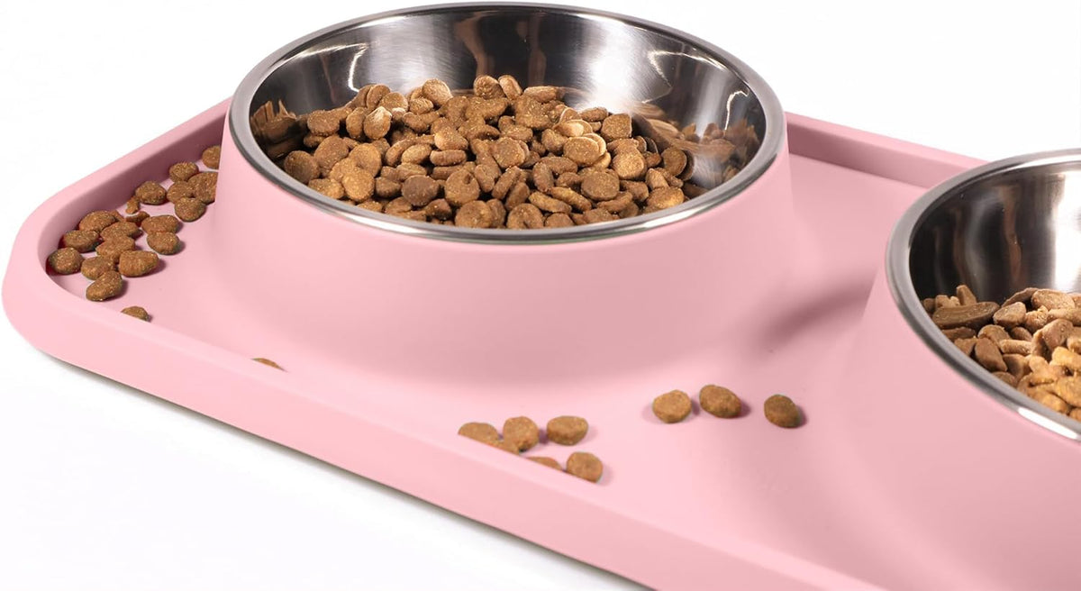 Cat Food Bowls, Cat Bowls Non-Skid and Non-Spill Silicone Pads with PP Stand, Removable Stainless Steel Food and Water Dishes for Cats, Small Size Dogs