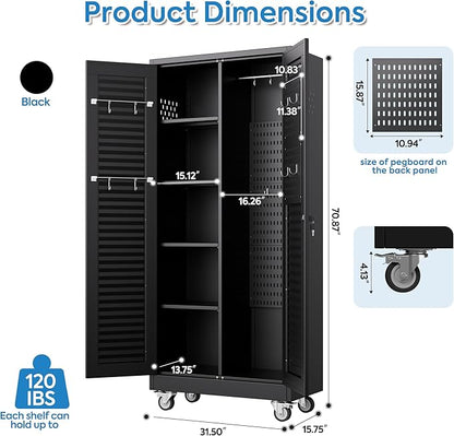 SUXXAN Broom Closet with Wheels 71"x 31.5"x15.75", Metal Cleaning Cabinets with