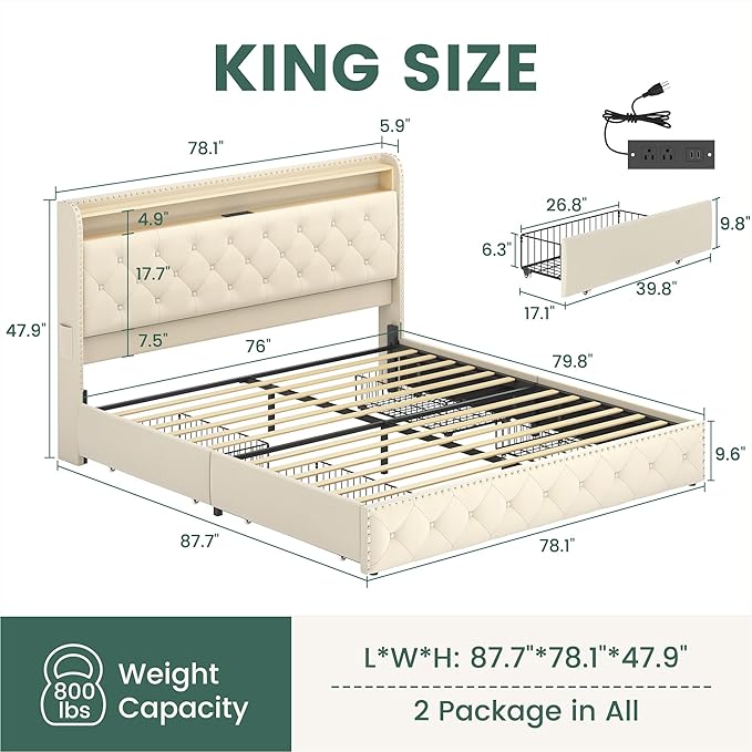 LARMACE Bed Frame King Size Platform Upholstered Bed Frame with 4 Storage Drawers Modern Velvet Tufed with Headboard USB Charging Station&Led Lights,No Box Spring Needed, Easy Assembly, Beige
