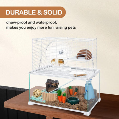 OIIBO 3 Tiers Large Hamster Cages Glass, Heightened Wire Topper with Two Shelf and Two Ladders Ramps, Openable Top, Easy to Clean Removeable Waterproof PVC Tray Medium