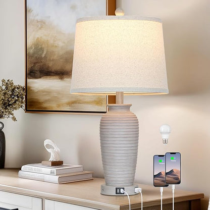 25" Vintage Farmhouse Jar Table Lamps, Single Rustic Bedside Lamp with USB A+C Ports & AC Outlet, Nightstand Lamps for Living Room, Bedroom, End Table, Grey White(LED Bulb Included)