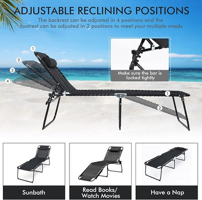 Goplus Chaise Lounge Chair, Folding 5-Postion Beach Lounge Chair with Detachable Pillow, Sunbathing Lounger, Adjustable Tanning Chair for Patio Lawn Pool Yard Outdoor