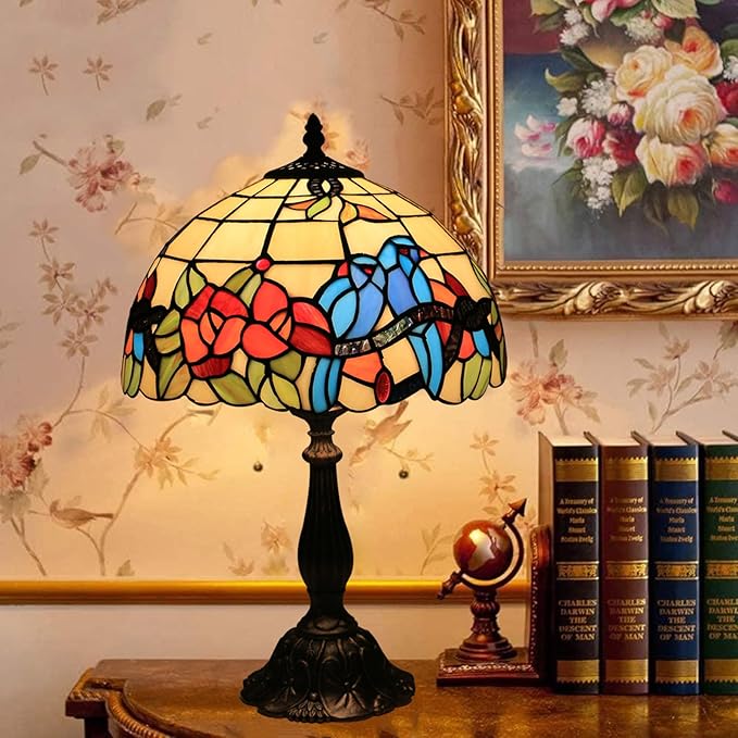 Tiffany Style Table Lamp Hummingbirds Flower Stained Glass Bedside Nightstand Table Lamp for Bedroom,Living Room,Home Office Farmhouse Desk Lamps 12X12X19Inch