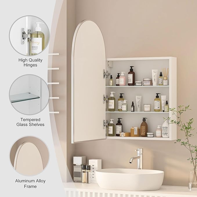 Arched Medicine Cabinet with Mirror, Brushed Nickel Mirror Cabinet with Storage