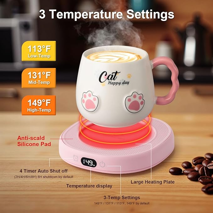 Bsigo Smart Coffee Mug Warmer & Cute Cat Mug Set, Coffee Beverage Cup Warmer