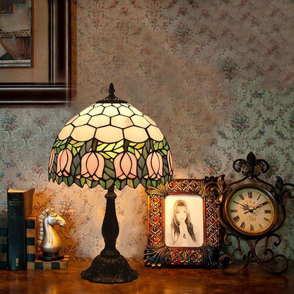 Tiffany Table Lamp,Pink Tulip Stained Glass Table Lamps for Bedroom Bedside 3 Color Temperatures Nightstand Lamp, for Living Room,Dining Room,W/LED Bulb, Mothers Gifts,12X12X19Inch