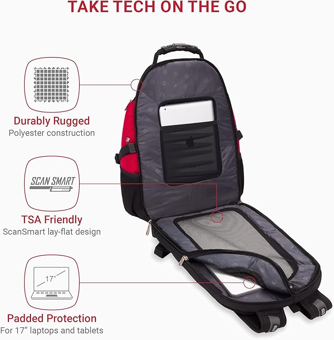SwissGear 1900 Scansmart TSA 17-Inch Laptop Backpack, Black/Red