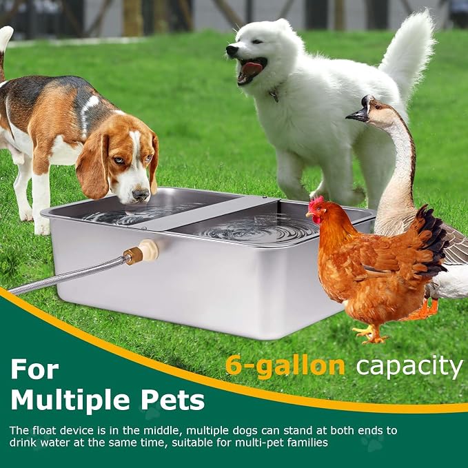 6 Gal Automatic Dog Water Bowl Dispenser Stainless Steel Dog Waterer for Large Breed Dogs, Outdoor Extra Large Bowl for Cats Pets Livestock Chicken