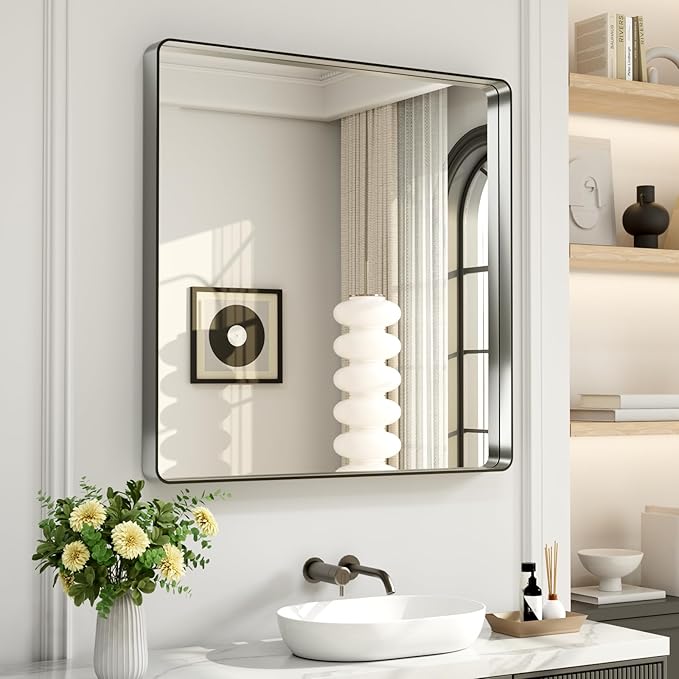 LOAAO 38X38 Inch Brushed Nickel Bathroom Mirror, Rounded Rectangle Silver Metal