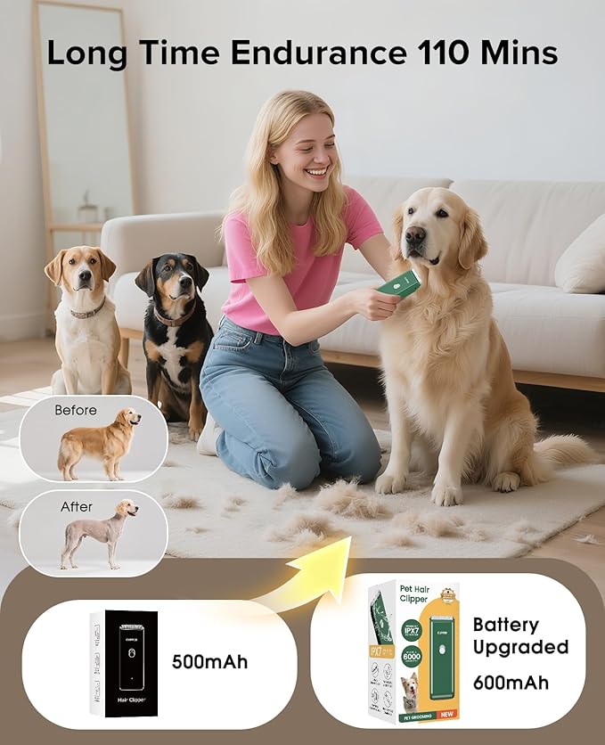 Pet Clippers for Dog Hair Grooming Low Noise, Rechargeable Cordless Cat Shaver with Ceramic Blade,Portable Pet Hair Trimmer for Matted & Long Hair