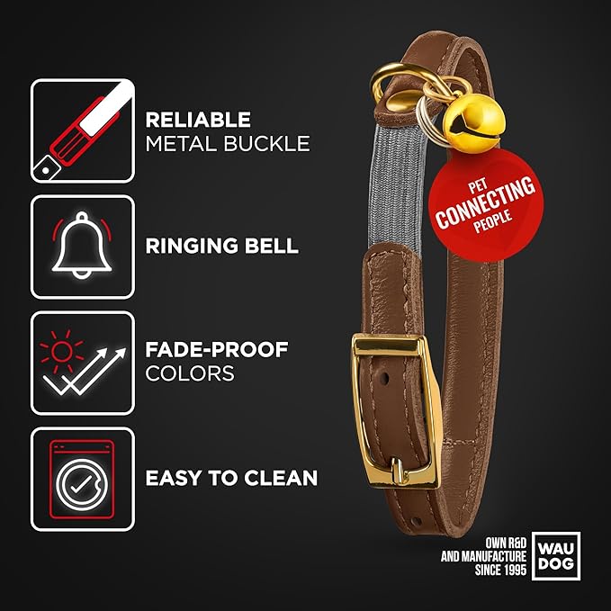 WAUDOG Ultra Soft Rolled Leather Cat Collar with Removable Bell, Safety Elastic Strap and QR ID Tag - Soft Padded for Small, Medium, and Large Cats - Round Kitten Collar for Male and Female Cats