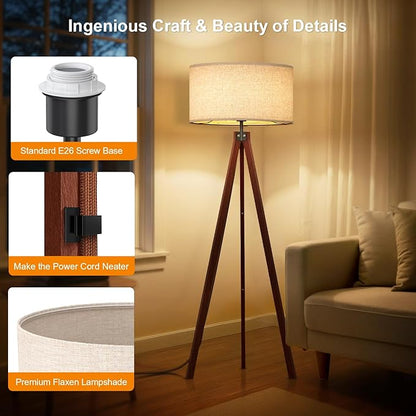 LEPOWER Wood Tripod Floor Lamp, Mid Century Standing Lamp, Modern Design Studying Light for Living Room, Bedroom, Study Room and Office, Flaxen Linen Shade with E26 Base Brown