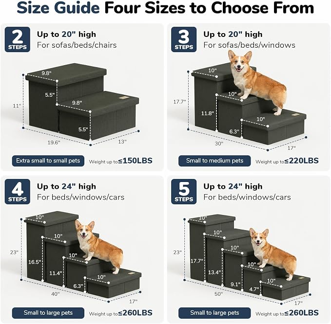 4-Step Wide Dog Stairs with Storage 23" H, Non-Slip Sturdy Pet Steps for High Bed Couch Window, Pet Stairs for Small/Medium/Large Old Dogs Cats Up to 220lbs, Cat Dog Steps for Car, Grey Green