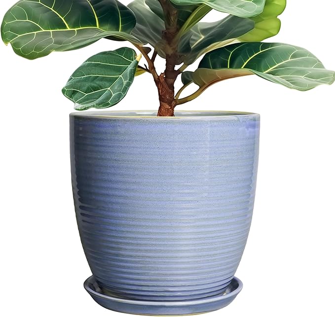 Ceramic Planter - Modern Round 12 Inch Pots for Plants with Drainage Hole and Plant Saucer for Flower Indoor, Garden Room Home Office House Decor, House Warming Gifts, Blue-Purple