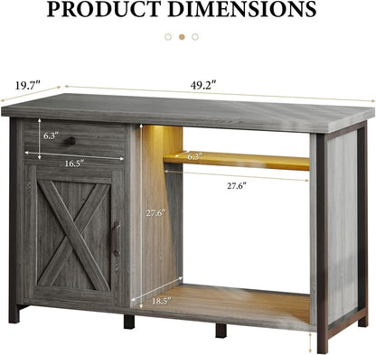 4ever2buy 55 Gallon Fish Tank Stand with LED Light & Power Outlets, 55-75 Gallon Aquarium Stand with Drawer & Barn Door, Cabinet for Fish Tank Accessories Storage for Reptile Tank, Turtle Tank, Gray