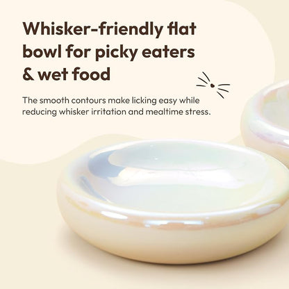 Pebble Pet Bowl Flat Pearl, Ergonomic Dog Cat Feeding Bowl, Flat-Faced Breed, Tilted Ceramic Pet Food Dish, Scooper Eater, Anti-Spill Design, Dishwasher Safe, Modern Pet Bowl, Dry & Wet Diet