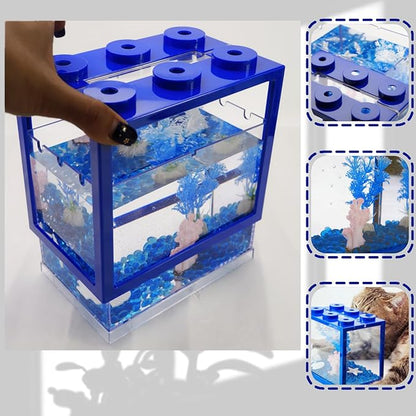 Small Betta Fish Tank, Mini Fish Tank Aquarium Tank Kit with Blue Gravel & Resin Decorations, 0.6 Gallon Stackable Fish Bowl Tiny Desktop Aquarium for Sea Monkey Shrimp (Blue)