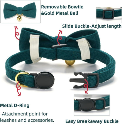 2 Pack Soft Corduroy Cat Collars with Bow Tie & Bell, Adjustable Breakaway Cotton Kitty Bowtie Collar for Girl Boy Kitten (Orange & Green)