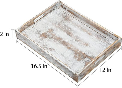Rustic Distressed Wood Food Breakfast Serving Tray Octagon Serving Tray in Bed with Cutout Carrying Handles Coffee Office Desktop Document Holder Home Kitchen (Washed White)