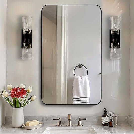 ANDY STAR Black Bathroom Mirror, 24”x40” Rounded Corner Rectangle Mirror