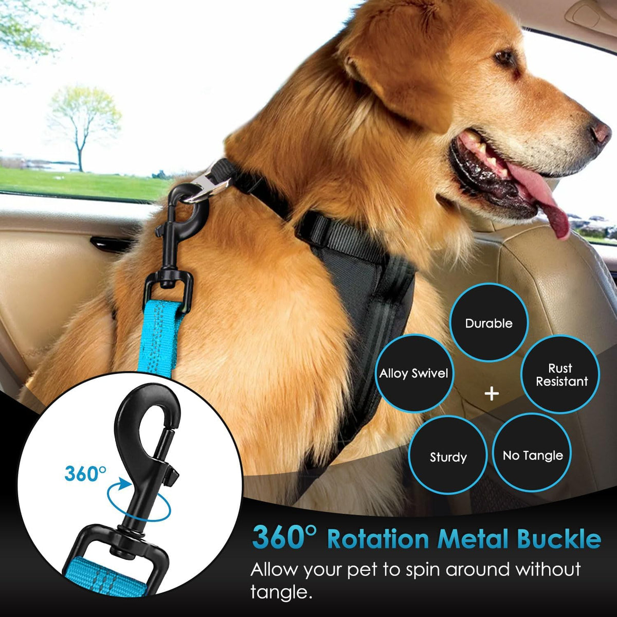SlowTon Dog Seat Belt, Adjustable Dog Safety Belt Leash, 2 in 1 Latch Bar Attachment Dogs Car Seatbelt with Elastic Nylon Bungee Buffer, Reflective Nylon Belt Tether (TB,35.5in)