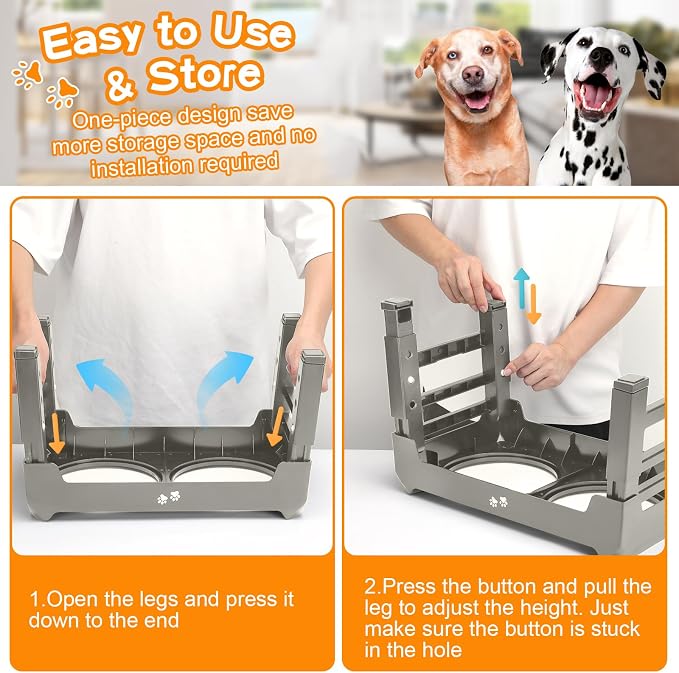 Elevated Bowls, 4 Height Adjustable Raised Stand With 2 Thick 50oz Stainless Steel Food Bowls, Non-Slip Feeder for Dogs, Adjusts to 3.7", 9.2", 10.75", 12.36" Light Brownish Gray