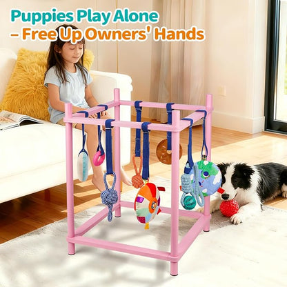 Wooden Puppy Play Gym for Small Dog with 8 Hanging Toys, Pink Frame | Wood Puppy Jungle Gym Indoor & Dog Enrichment Toys for Puppies 0-6 Months