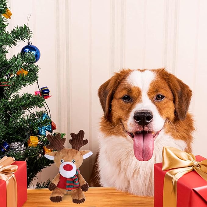 Blnboimrun Christmas Reindeer Plush Dog Toy with Squeaker, Holiday Chew Toys for Puppy Teething, Interactive Stuffed Animal with Crinkle Paper for Small Medium Dogs, Best Gift for Pets