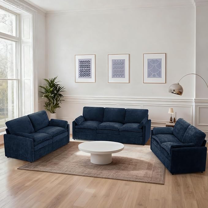3 Pieces Chenille Sofa Set w/Arm Pillows, Upholstered 2 Pieces Loveseat & 3 Seater Sofa w/Comfortable Back Cushions, Modern 2-Seat & 3-Seat w/High-Density Foam for Living Room, Blue
