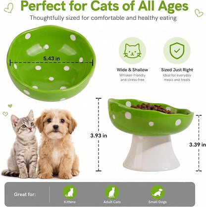 Green Mushroom Cat Bowl, Elevated Ceramic Bowl for Cats | Elevated, Ceramic, Whisker Friendly, Wide Opening, Anti Vomiting