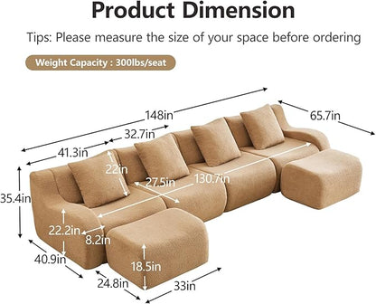 Camel U-Shaped Cloud Couch with 2 Ottomans, Modern Teddy Fabric Boneless Sectional Sofa in a Box for Living Room, Modular Floor Couch, Deep Seat, No Assembly Required, Sofas para Sala
