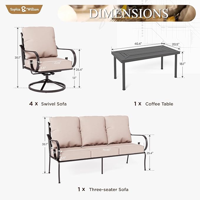 Sophia & William 6 Piece Patio Furniture Set Outdoor Couch Sofa, Backyard Patio Conversation Sets 7 Seat Clearance with 3-seat Sofa x 1, Swivel Chair x 4, Metal Coffee Table x 1 for Porch Lawn, Beige