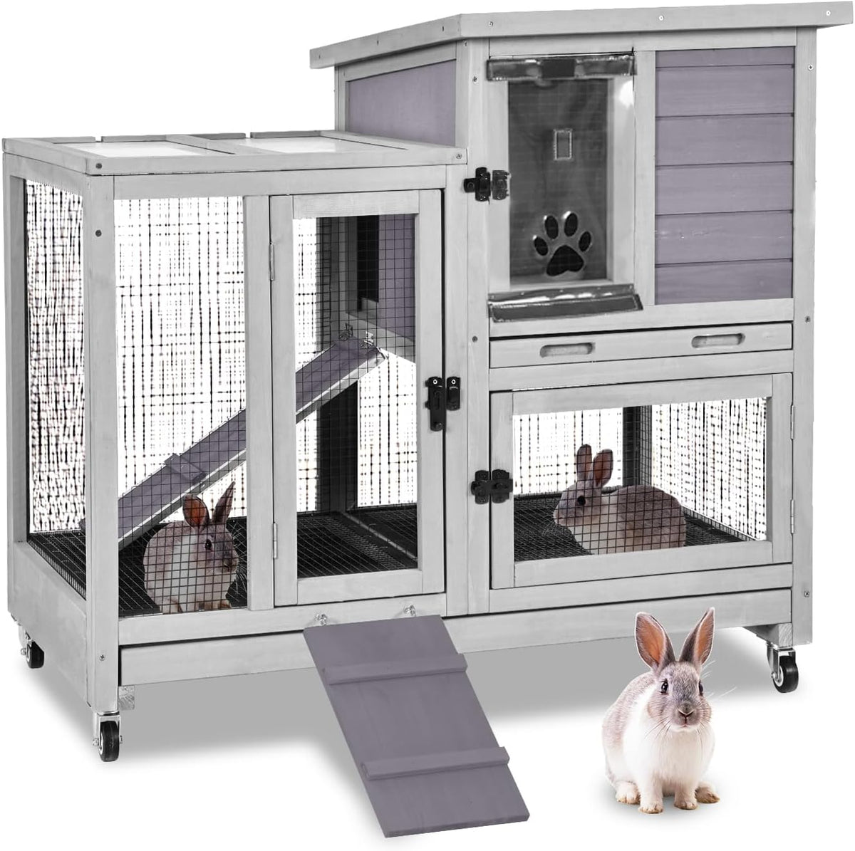 GUTINNEEN Indoor Rabbit Hutch Guinea Pig Cages with Chew-Proof Ramp, 2-Story Wooden Bunny House with Pull-Out Tray & Lockable Caster Wheels, Small Animal Cage for 2-4 Rabbits & Guinea Pigs (Grey)