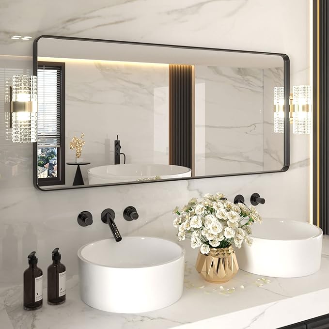 LOAAO 60X28 Inch Black Metal Framed Bathroom Mirror
