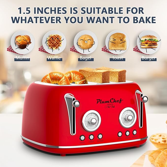Plumchef 4 Slice Wide Slot Retro Style Toaster, Dual Control Toaster wtih Timer