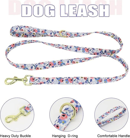 Beirui Cute Dog Collars,Harnesses,Leashes Set, Floral Pattern, Blue,S | Girl Dog Harness Set with Flower, Adjustable and Soft Mesh Lining, For Small Dogs Daily Walks
