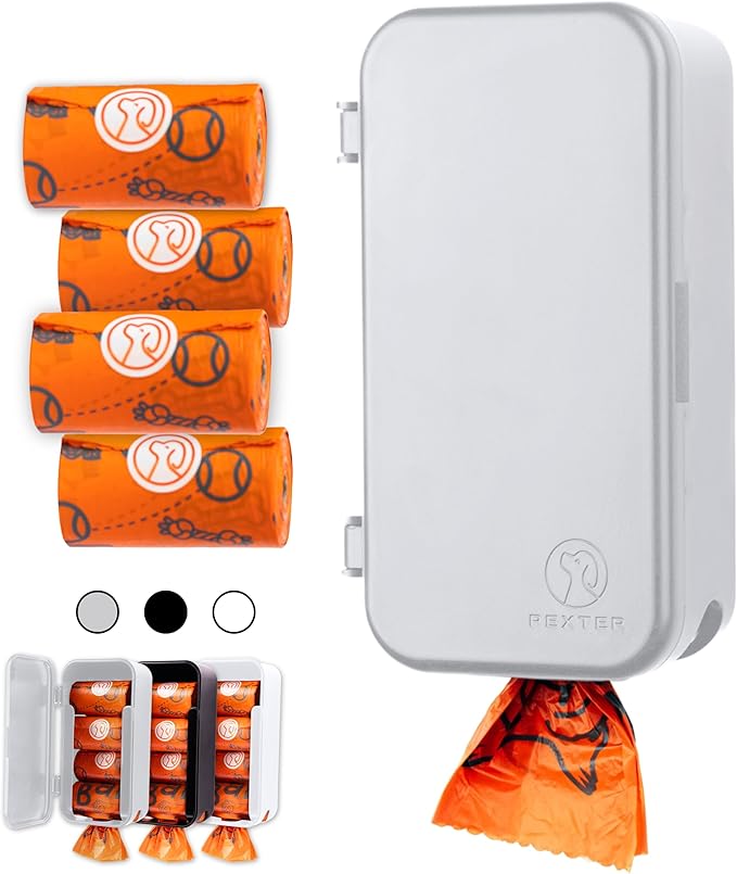 Dog Poop Bag Dispenser - Outdoor or Indoor Pet Waste Bag Dispenser Station - Stick-On or Screw-On Wall Mount - Poop Bags Storage Outdoor Container - Includes 4 Doggie Bag Rolls (Gray)