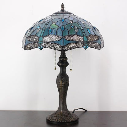 Tiffany Table Lamp Sea Blue Stained Glass Dragonfly Style 16X16X24 Inch Antique Reading Light