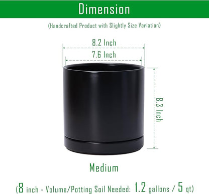 D'vine Dev Set of 2 Plants Pots, 8.2 Inch Ceramic Planter Pot for Plants with Drainage Hole and Saucer, Black, 94-V-D-2