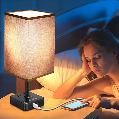 cozoo Bedroom Lamp Touch Control Bedside Table Lamp with USB C & USB A Charging Ports and 2 AC Outlets,Modern LED Desk Light with Charger Base Brown Fabric Shade for Bedroom/Nightstand/Office/Decor