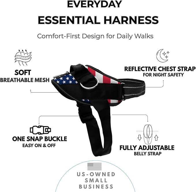 ShawnCo Essential Dog Harness, No-Pull Pet Vest (Stars and Stripes,L) | 3 Leash Clips, Easy On, No-Choke, Reflective, Adjustable Fit, Padded Comfort, Control Handle, For Small, Medium & Large Dogs