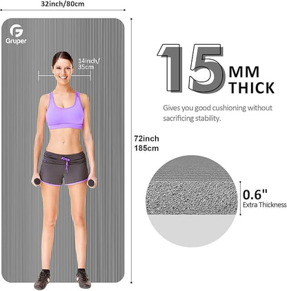 Yoga Mat Non Slip NBR Extra Thick Yoga Mat, 72"L x 32"/24"W x 0.6"/0.4"TH (185cm x 80cm/61cm x 15mm/10mm), Anti-Tear Exercise Mat with Carrying Strap and Bag, Workout Mats for Yoga, Pilates
