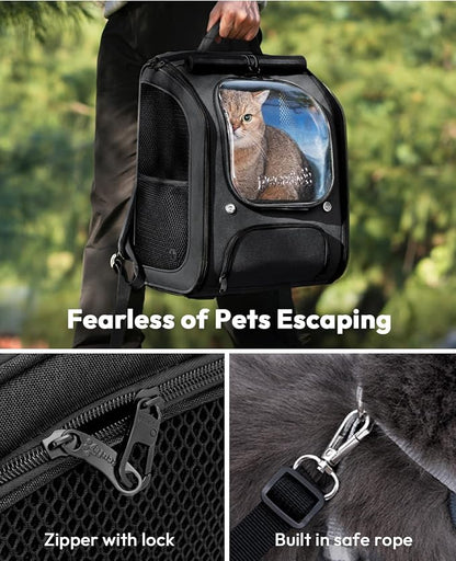 Pecute Cat Backpack Carrier,Large Space Cat Bubble Backpack,Ergonomic,Black | Sunshade Curtain,Transparent Window,Safety Rope,Sturdy,Large Mesh on Both Sides for Breathability,Suitable for Outdoor,Vet