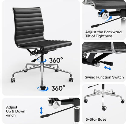 OTDMEL Armless Ribbed Office Desk Chair with Top Grain Leather, Mid Back Ergonomic Swivel Room Chair, Adjustable Height 5-Star Base, Black