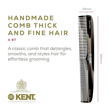 Kent 9T Graphite Fine and Wide Tooth Comb Detangler - Large Handmade and Saw-Cut Dressing Comb - Wet Hair Comb for Women and Durable Grooming Combs for Men Made in England