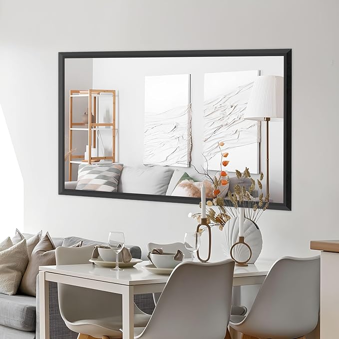 Amorho Bathroom Mirror Black, 60x40 Inch Thick Metal Framed Wall Mirrors