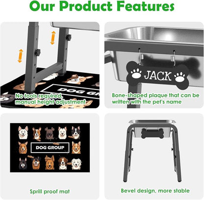 2 Gallon Elevated Dog Water Bowl, ADENGL Height Adjustable (10.4–15.2'') Raised Stainless Steel Bowl with Spill-Proof Mat & Sturdy Metal Stand, Tip-Proof, Easy to Clean, Indoor & Outdoor Use